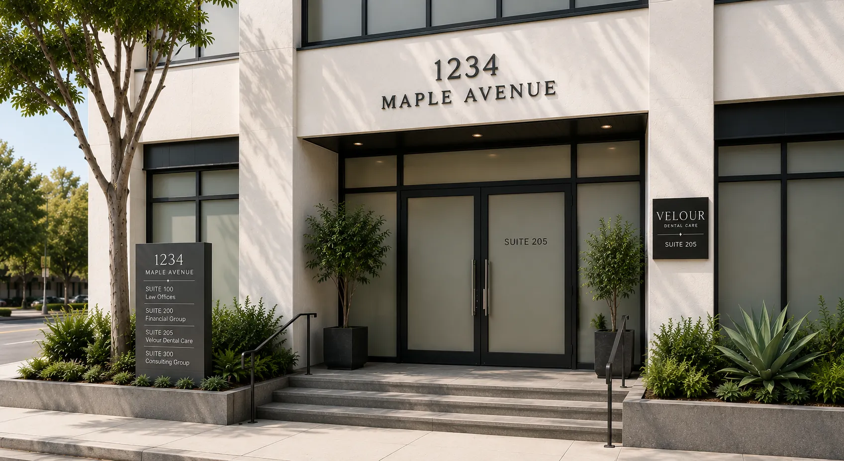 Entrance to 1234 Maple Avenue with signs listing suites including Lumina Dental Care Suite 205.